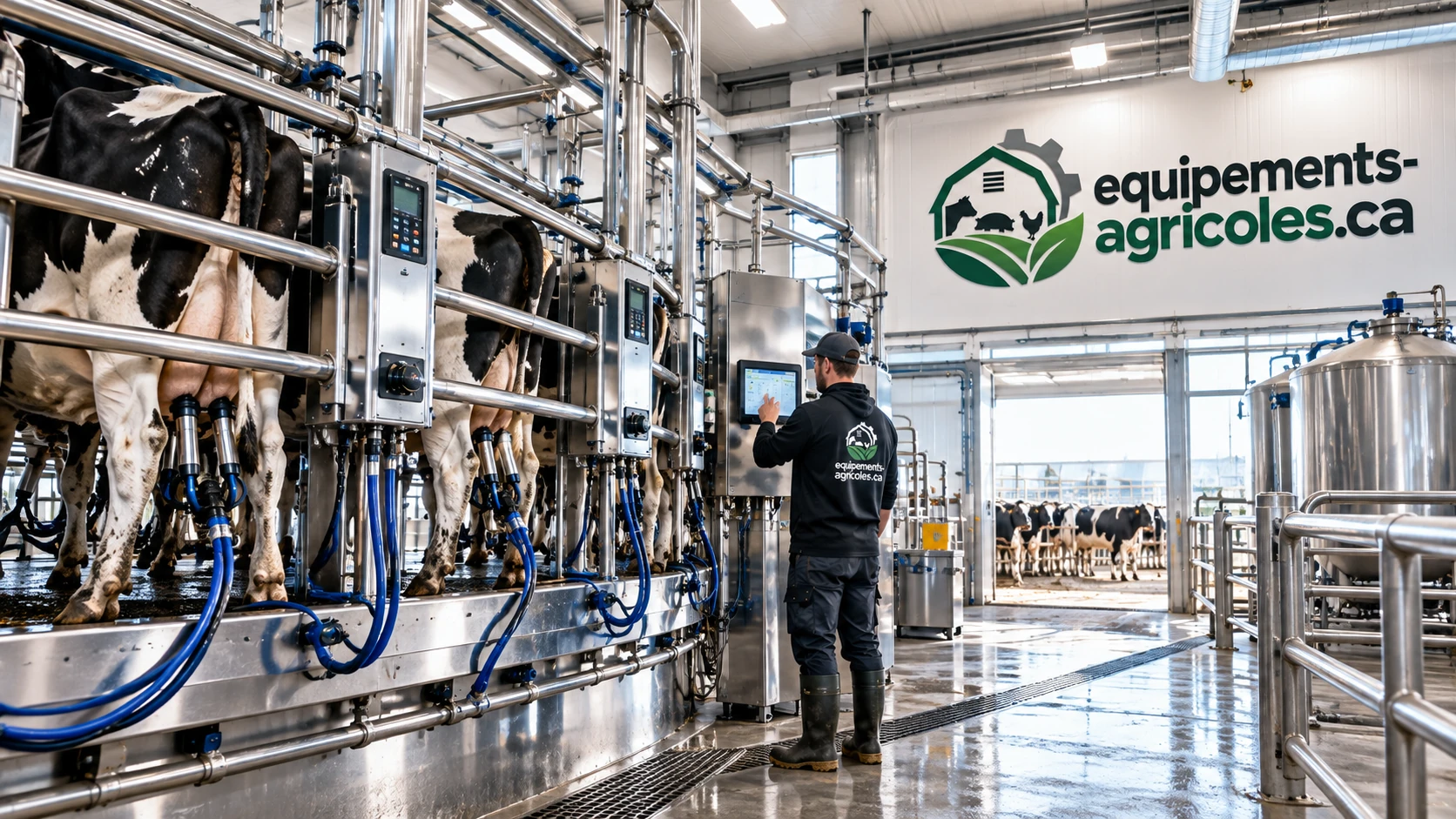 Salle de traite rotative en fonction dans une étable laitière