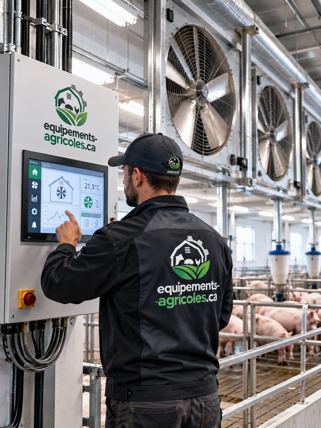 Contrôleur climatique et ventilateurs de plafond dans une porcherie