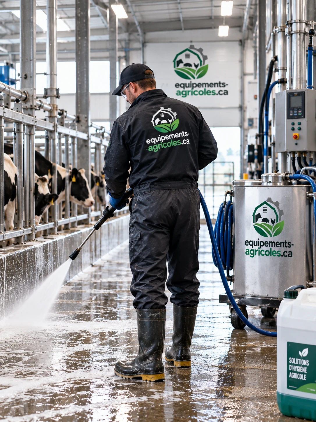 Lavage haute pression des couloirs d'une étable laitière